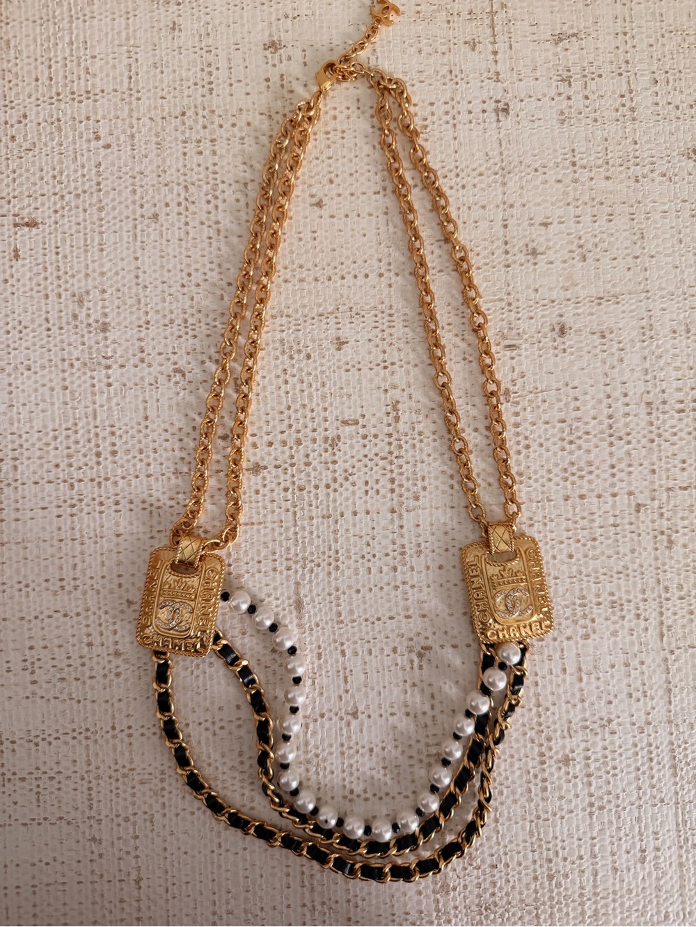 Gold, Black & White Multi-Strand Necklace with Pearls